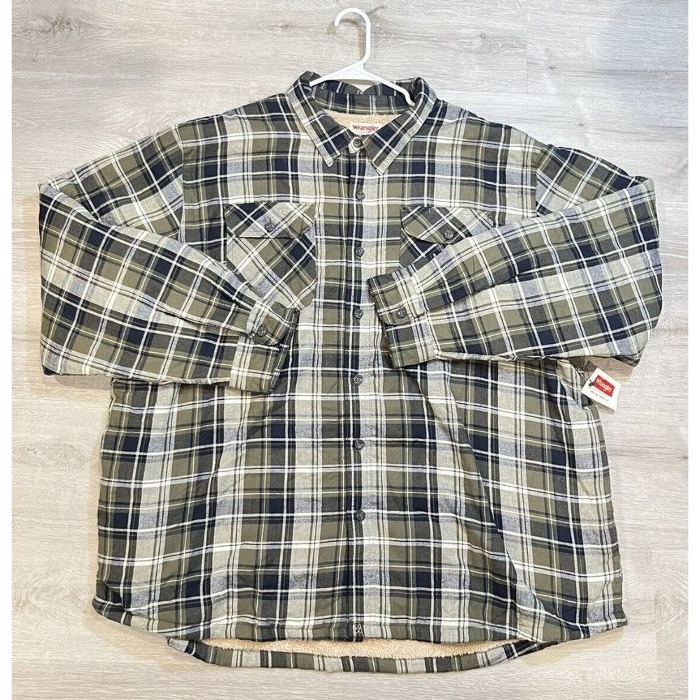 Wrangler Authentics Mens 3XL Flannel Shirt Sherpa Lined Green Plaid Shacket NWT‎